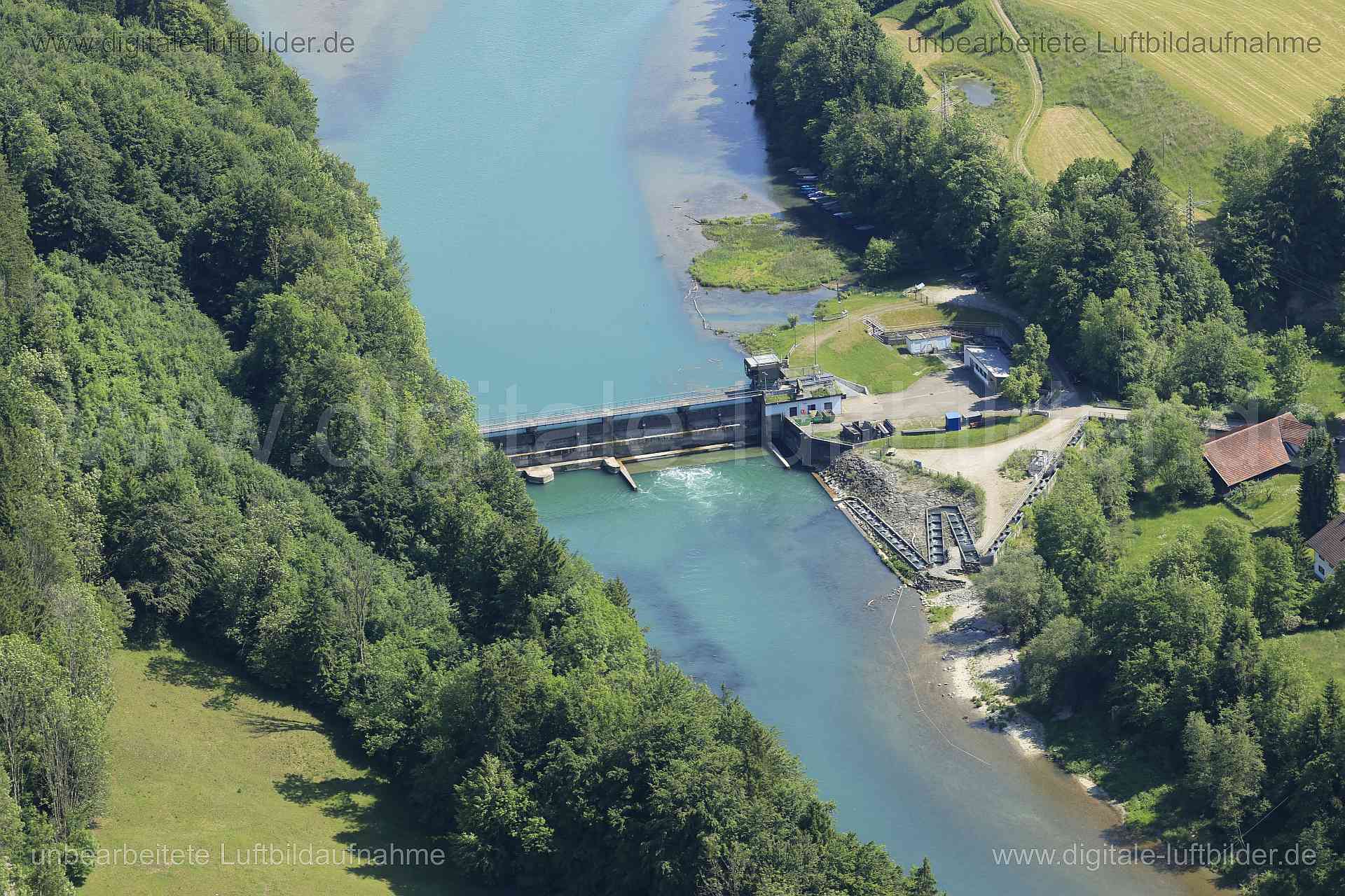 Luftbild - Illerstufe, Ort: Kronburg, Tags: Illerstufe, Iller, Fluss, Kraftwerk, Wasserkraftwerk, Kraftwerk Maria Steinbac...