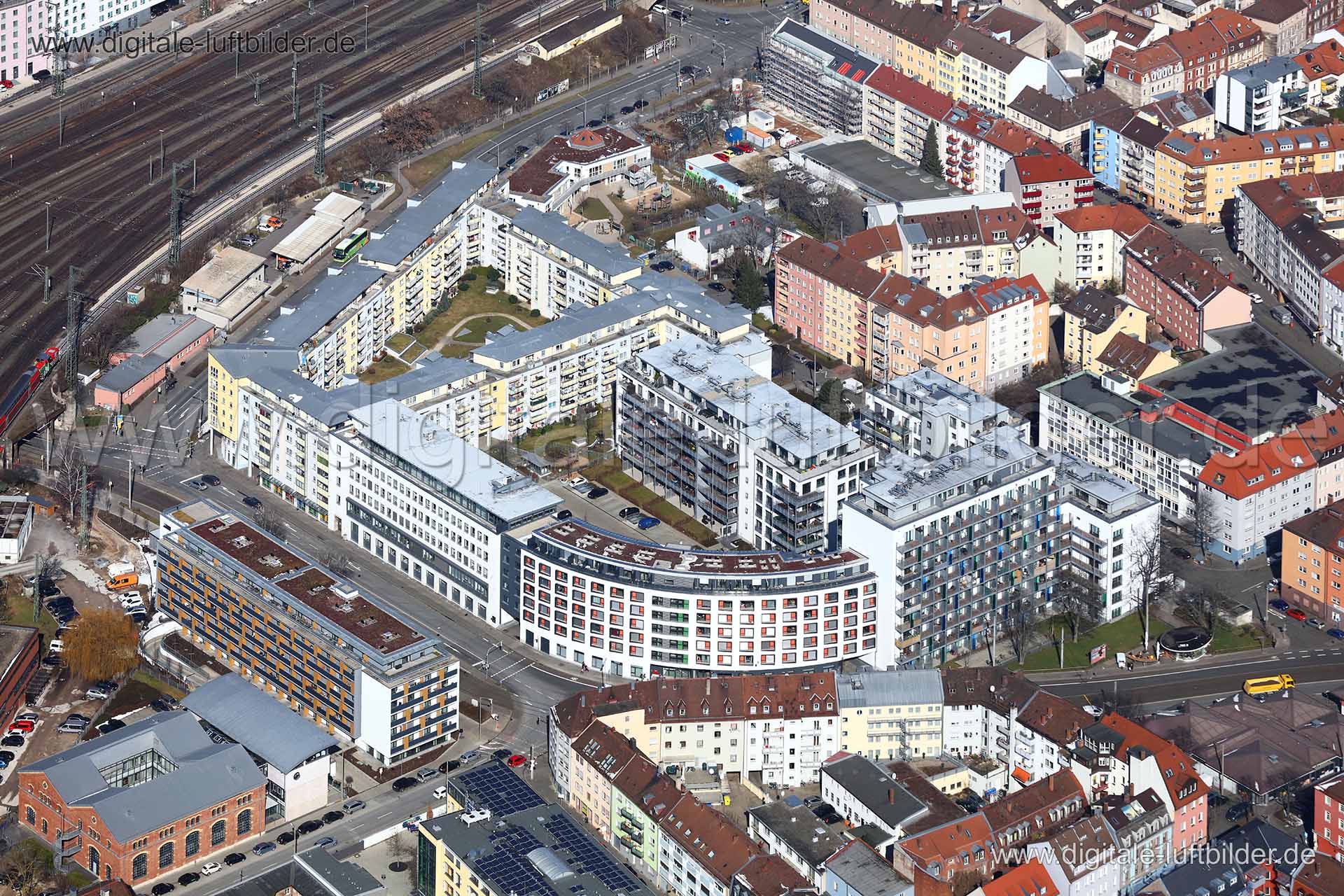 Titel: Allersberger Straße, Bildnummer: c251100, Ort / Stadt: Nürnberg, (Land)Kreis: kreisfreie Stadt Nürnberg, Regierungsbezirk: Mittelfranken, Bundesland: Bayern, Aufnahmedatum: 21.03.2018, Schlagwörter: Luftbild, Luftbilder, Luftbildfotografie, Luftaufnahme, Luftbildaufnahme, Luftfoto, Vogelperspektive, Vogelansicht, Deutschland, Schräg- und Senkrecht-Luftaufnahmen, Orthofotografie, Allersberger Straße, Köhnstraße, Neubau, Architektur, Heideloffstraße, Findelwiesenstraße, Glockenhof, Glockenh