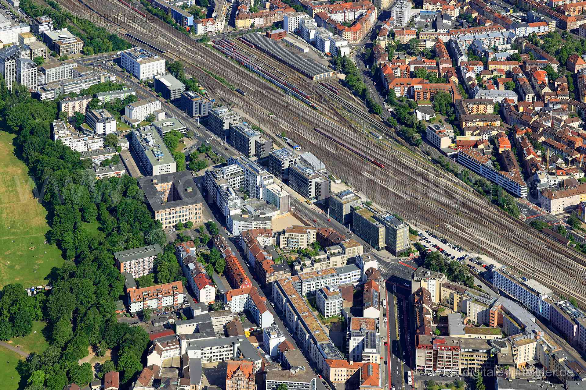 Luftbild - Bahnhofstraße, Ort: Nürnberg, Tags: Flaschenhof, Wöhrder Wiese, Bahn, Gleis, Schienen, Deutsche Bahn, Neubaumei...