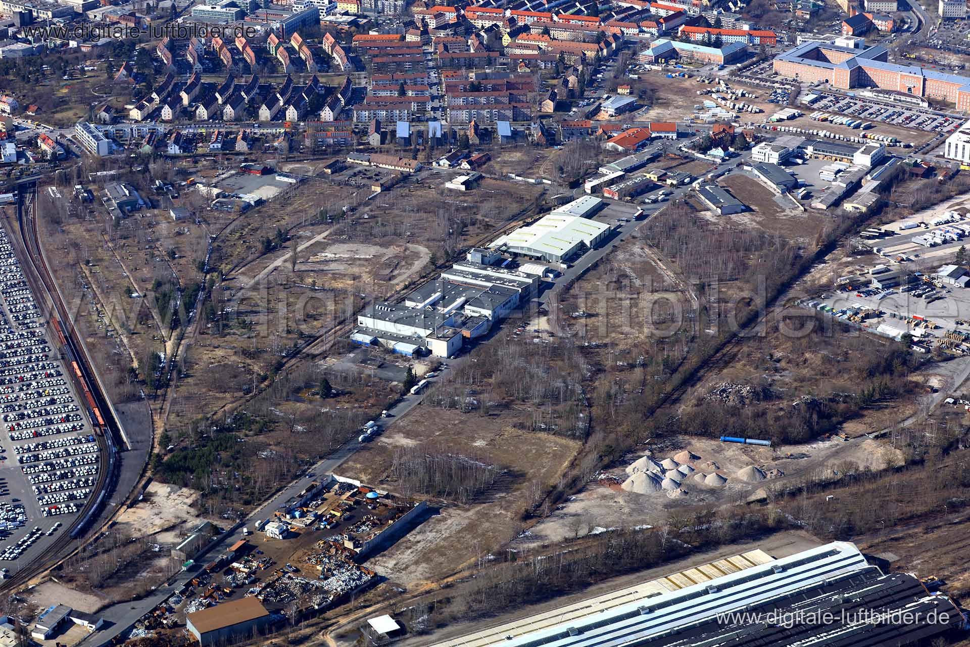 Titel: Brunecker Straße, Bildnummer: c252180, Ort / Stadt: Nürnberg, (Land)Kreis: kreisfreie Stadt Nürnberg, Regierungsbezirk: Mittelfranken, Bundesland: Bayern, Aufnahmedatum: 21.03.2018, Schlagwörter: Luftbild, Luftbilder, Luftbildfotografie, Luftaufnahme, Luftbildaufnahme, Luftfoto, Vogelperspektive, Vogelansicht, Deutschland, Schräg- und Senkrecht-Luftaufnahmen, Orthofotografie, Brunecker Straße, Ingolstädter Straße, Brache, Brachfläche, Bauland, Gewerbeflächen, Gewerbeflächen & Gewerbeimmob