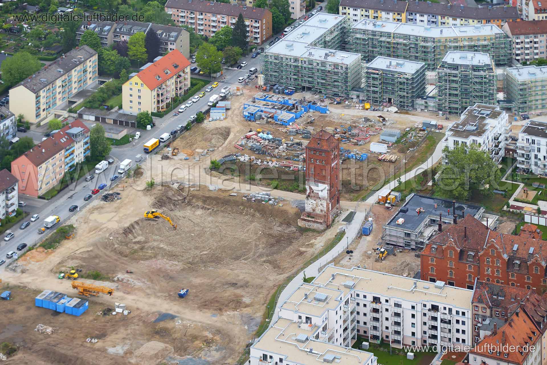 Titel: ehem. Tucher-Areal, Bildnummer: c100130, Ort / Stadt: Nürnberg, (Land)Kreis: kreisfreie Stadt Nürnberg, Regierungsbezirk: Mittelfranken, Bundesland: Bayern, Aufnahmedatum: 03.05.2014, Schlagwörter: Luftbild, Luftbilder, Luftbildfotografie, Luftaufnahme, Luftbildaufnahme, Luftfoto, Vogelperspektive, Vogelansicht, Deutschland, Schräg- und Senkrecht-Luftaufnahmen, Orthofotografie, ehem. Tucher-Areal, Tucher, Nordstadtgärten, Friedenstraße, Denkmalschutz, Berckhauserstraße, Baustelle, Großbau