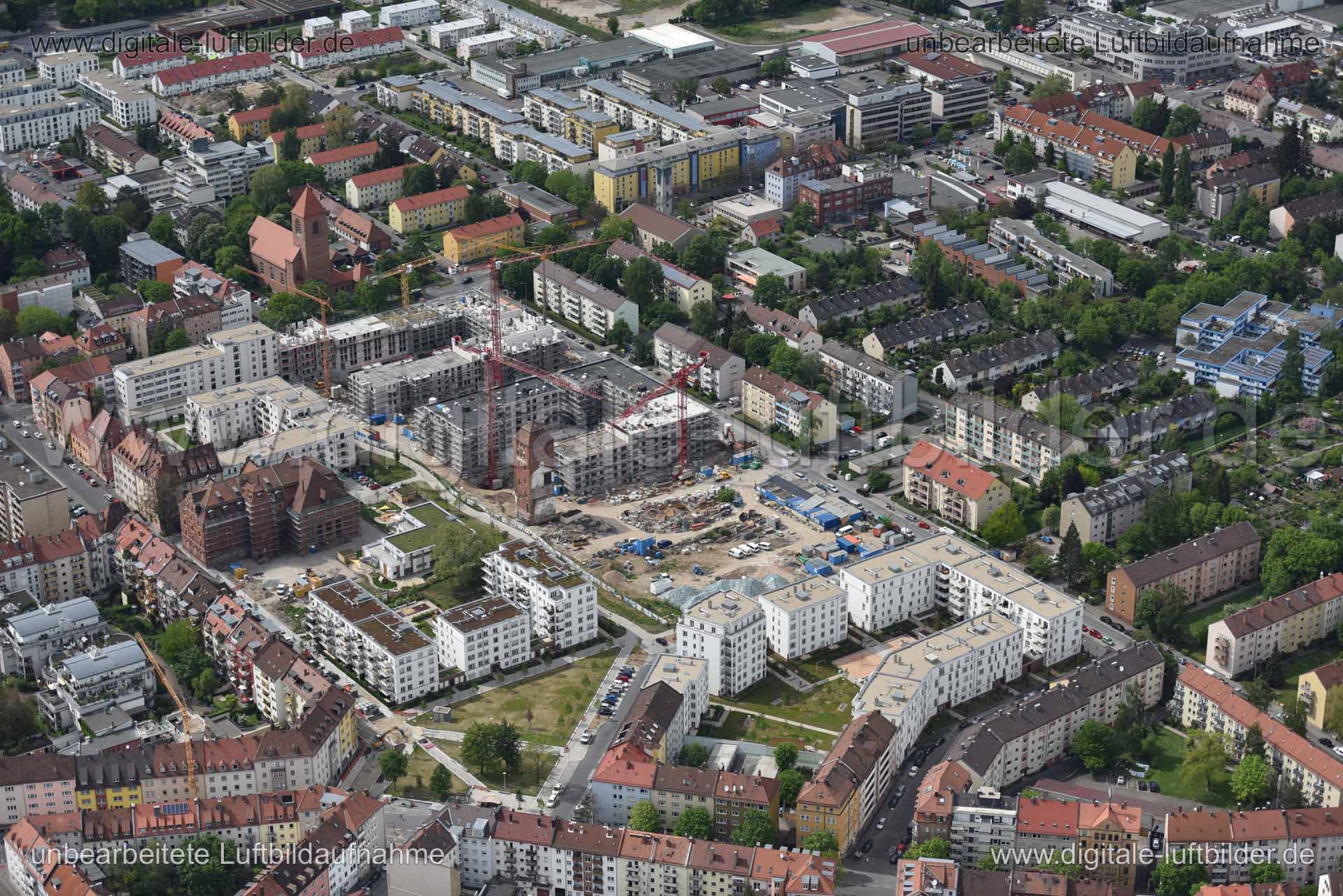 Titel: ehem. Tucher-Areal, Bildnummer: n149950, Ort / Stadt: Nürnberg, (Land)Kreis: kreisfreie Stadt Nürnberg, Regierungsbezirk: Mittelfranken, Bundesland: Bayern, Aufnahmedatum: 11.05.2015, Schlagwörter: Luftbild, Luftbilder, Luftbildfotografie, Luftaufnahme, Luftbildaufnahme, Luftfoto, Vogelperspektive, Vogelansicht, Deutschland, Schräg- und Senkrecht-Luftaufnahmen, Orthofotografie, ehem. Tucher-Areal, Neubau, Neubaugebiet, Friedenstraße, Schillerstraße, Rollnerstraße, Großbaustelle, Löbleinst