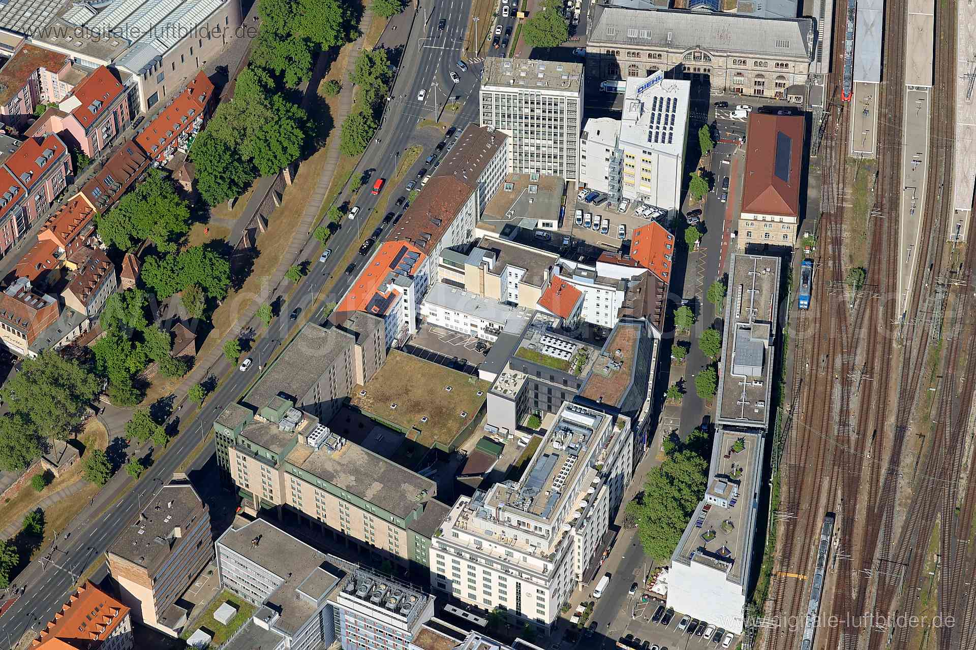 Luftbild - Frauentorgraben, Ort: Nürnberg, Tags: Frauentorgraben, Ergo-Turm, Ergo, Hochhaus, Hauptbahnhof, , , , Bahnhofsp...