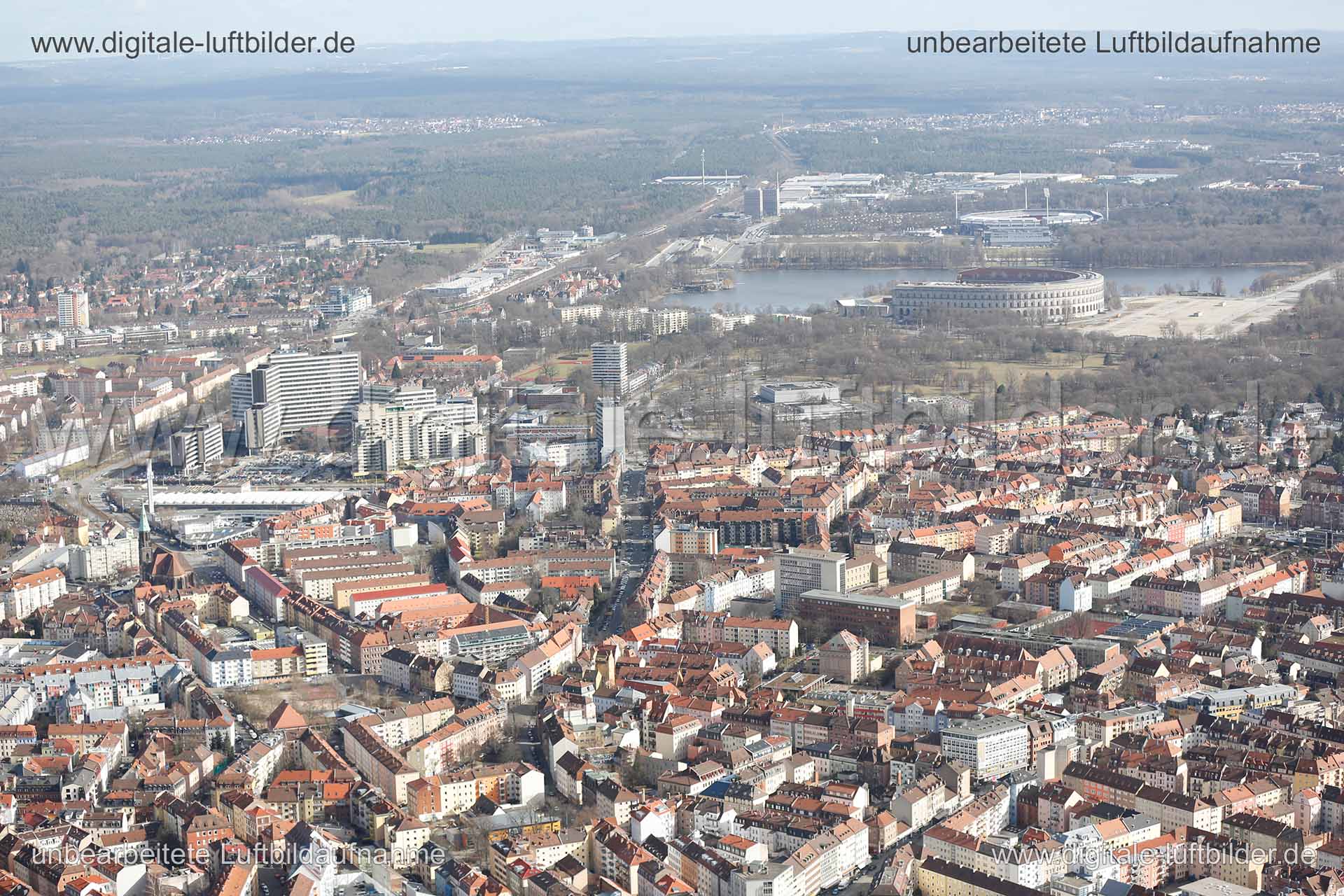 Titel: Panorama, Bildnummer: c134330, Ort / Stadt: Nürnberg, (Land)Kreis: kreisfreie Stadt Nürnberg, Regierungsbezirk: Mittelfranken, Bundesland: Bayern, Aufnahmedatum: 03.03.2015, Schlagwörter: Luftbild, Luftbilder, Luftbildfotografie, Luftaufnahme, Luftbildaufnahme, Luftfoto, Vogelperspektive, Vogelansicht, Deutschland, Schräg- und Senkrecht-Luftaufnahmen, Orthofotografie, Blick Richtung Ost, St. Peter, Zerzabelshof, Regensburger Straße, Bundesagentur für Arbeit, Dutzendteich, Kongresshalle, F