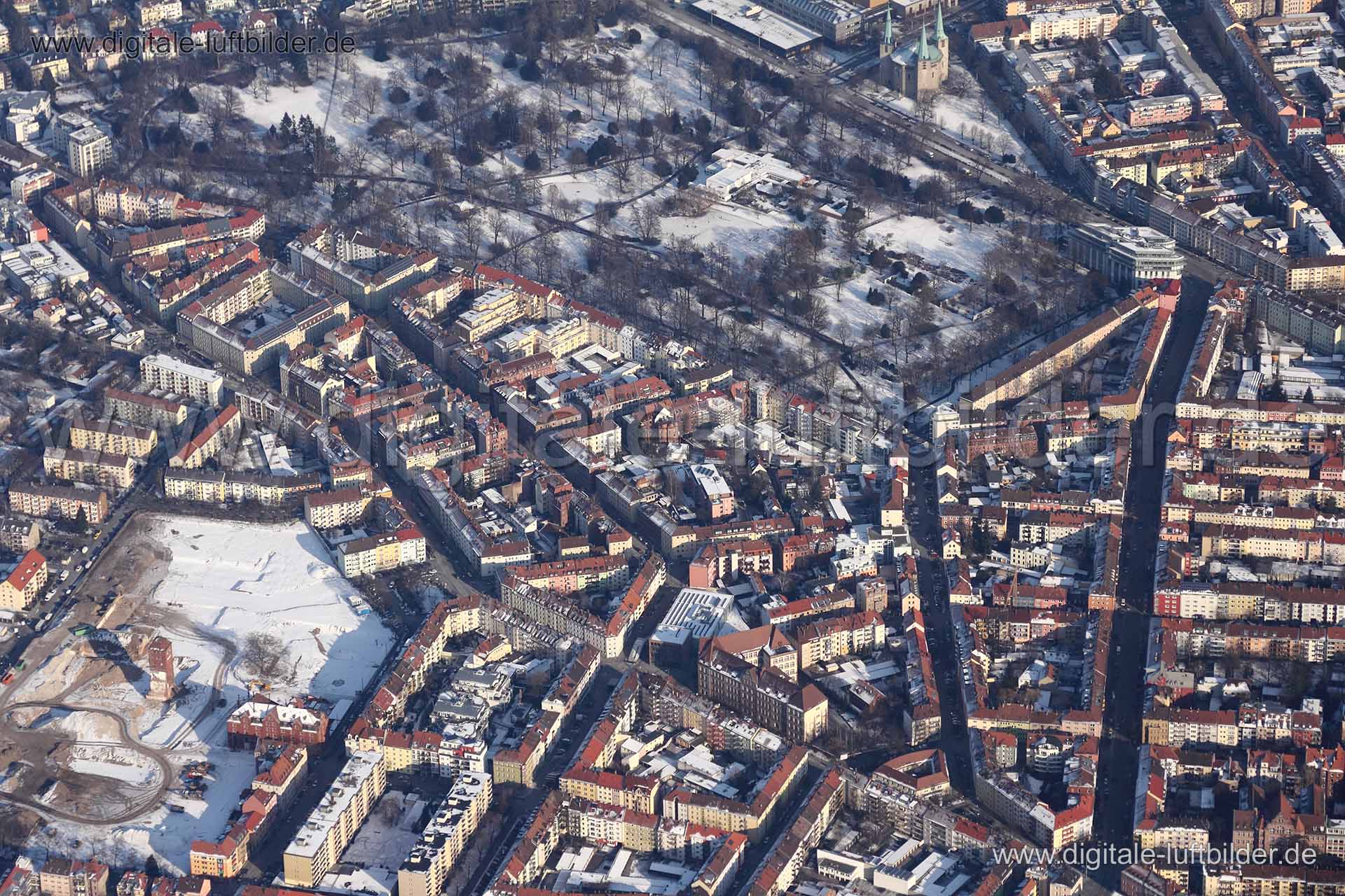 Titel: Stadtpark, Bildnummer: cc44110, Ort / Stadt: Nürnberg, (Land)Kreis: kreisfreie Stadt Nürnberg, Regierungsbezirk: Mittelfranken, Bundesland: Bayern, Aufnahmedatum: 11.02.2012, Schlagwörter: Luftbild, Luftbilder, Luftbildfotografie, Luftaufnahme, Luftbildaufnahme, Luftfoto, Vogelperspektive, Vogelansicht, Deutschland, Schräg- und Senkrecht-Luftaufnahmen, Orthofotografie, Stadtpark, Berckhauserstraße, Parkstraße, Friedenstraße, ehem. Tucher-Areal, Nordstadtgärten, Tucher, Schillerplatz, Goet